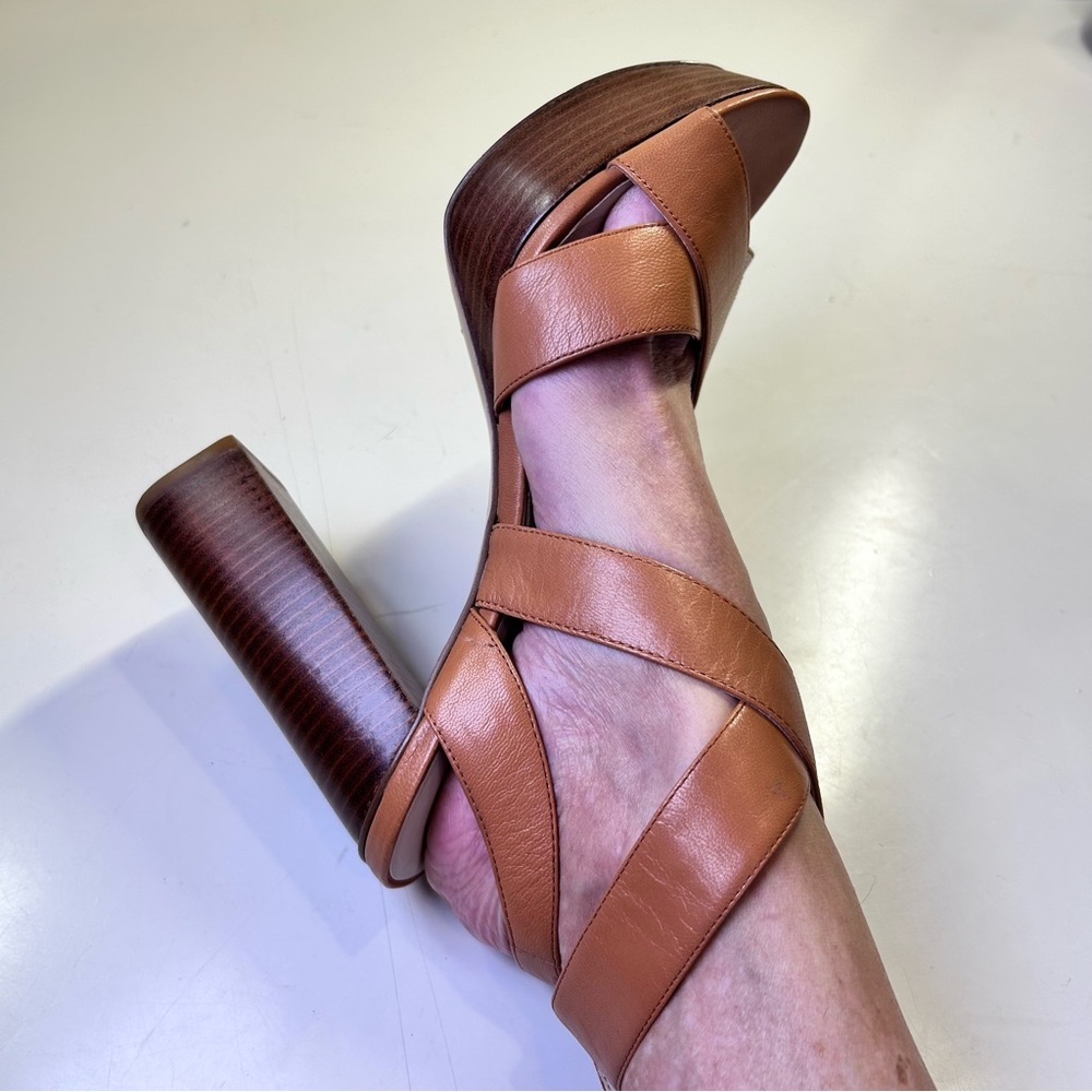 Nine West 70s Inspired Block Heel Tan Leather Strappy Platform Sandals Size 7.5M - Picture 8 of 14